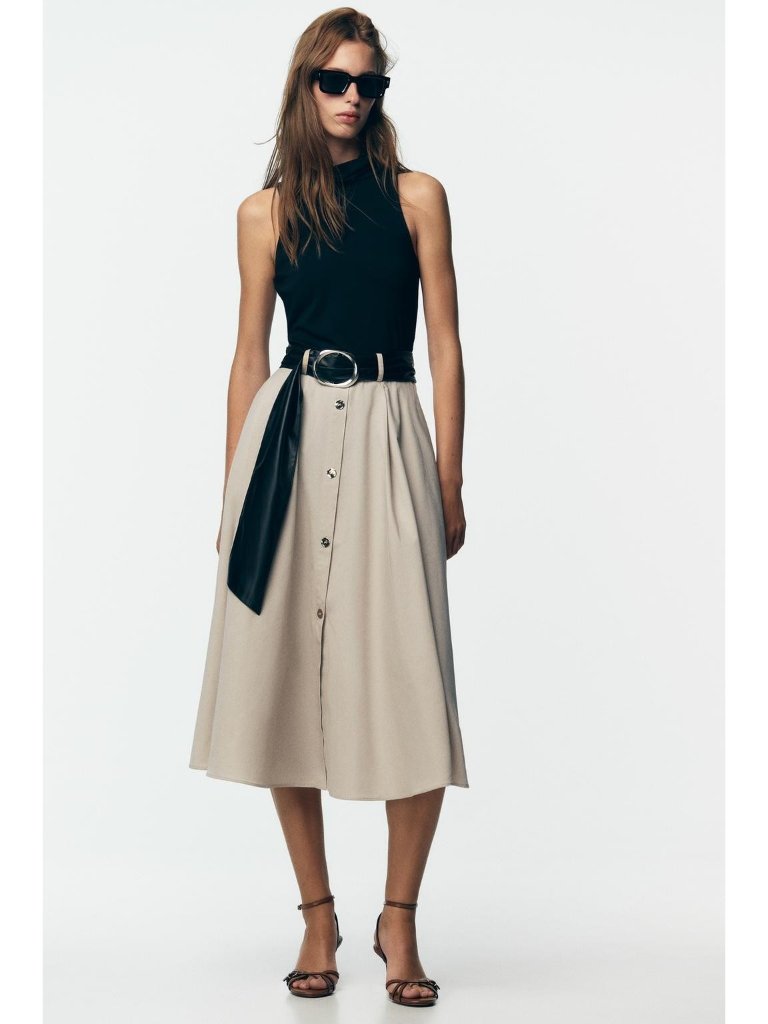 Zara Womens Combination Dress Midi Medium M Black Beige Belted 0387/156 Nwt